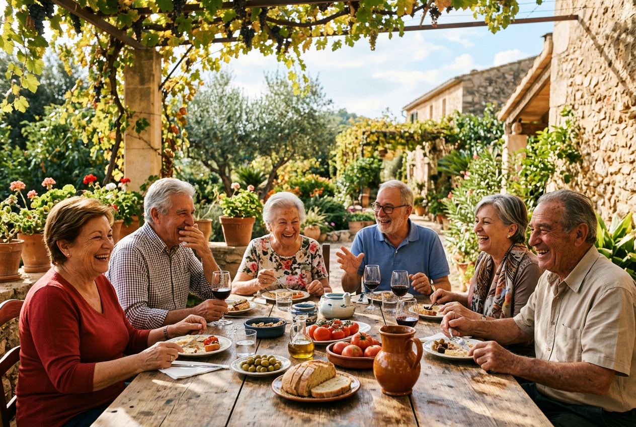 Grupo de personas mayores disfrutando de una comida juntos